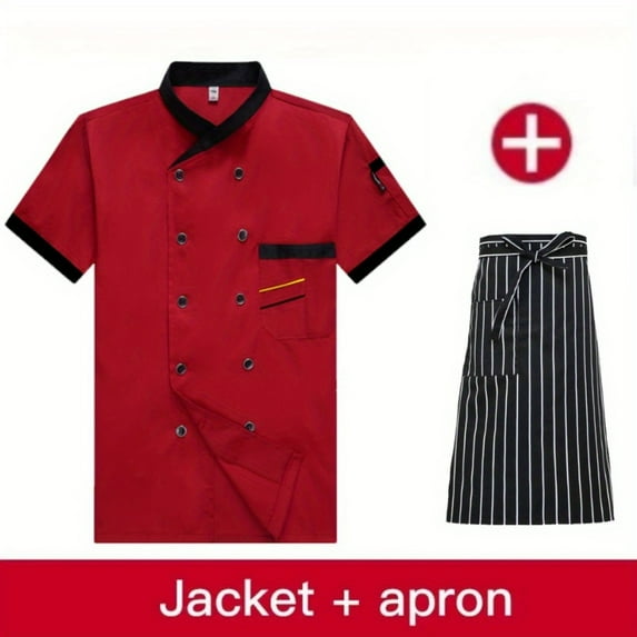 2Pcs Set with Apron Chef Uniform Short-sleeved Catering Hotel Work Clothes Men and Women Chef Uniforms Western Restaurant Hotel Chef Overalls Long-sleeved Breathable