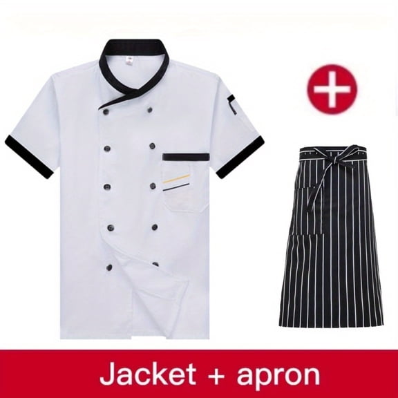 2Pcs Set with Apron Chef Uniform Short-sleeved Catering Hotel Work Clothes Men and Women Chef Uniforms Western Restaurant Hotel Chef Overalls Long-sleeved Breathable