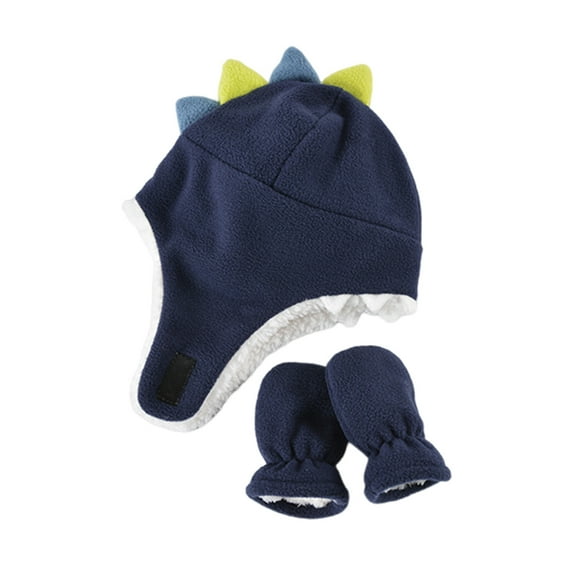 2Pcs/Set Baby Girl Boy Hats Mittens Set Double Layer Cartoon Dinosaur Shape Earflap Hat Warm Polar Fleece Gloves Set