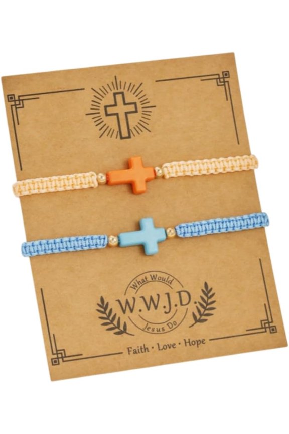 2Pcs Set Cross Braided Rope Adjustable Bracelet Christian Matching for Women Men Couple Charm Boho Jewelry Handmade with Wish Card Inspirational