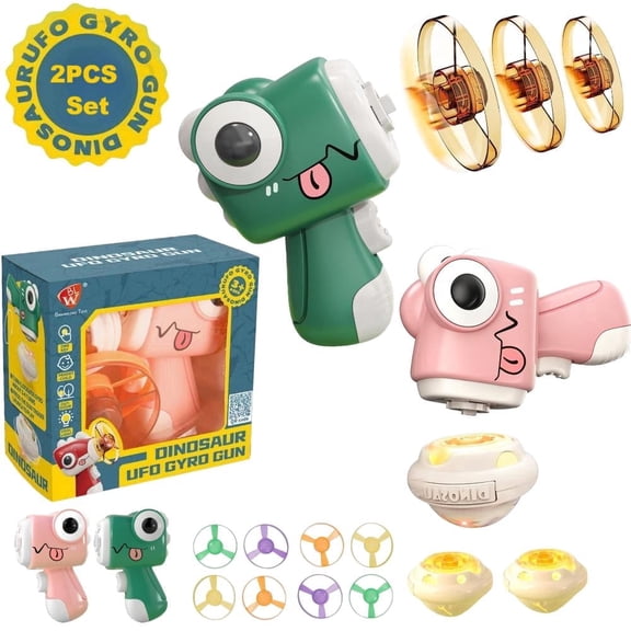 2Packs Set Dinosaur UFO Disc Launcher Toy, with 2 Light Gyro 2 Light Flying Saucer and 8 Flying Saucer(T Rex Set)