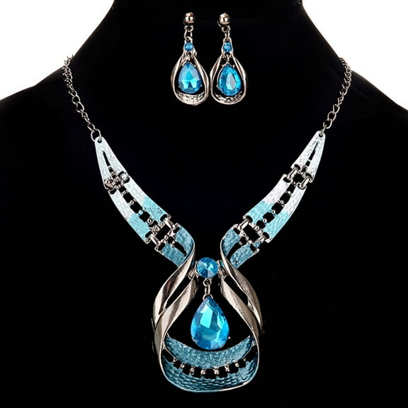 2Pcs/Set Exaggerated Noble Beautiful Necklace Earrings Set Water Drop Faux Gem Pendant Necklace Earrings Jewelry Accessory