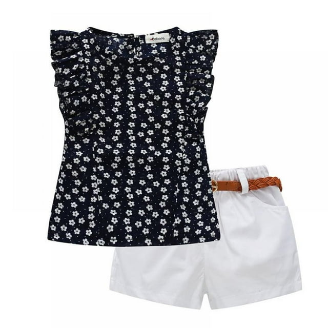 2Pcs Set Fashion Toddler Kids Baby Girl Summer Outfits Sleeveless Floral T-Shirt Top Shorts with Belt Clothes Set for 2 3 4 5 6 7 Years Little Girls