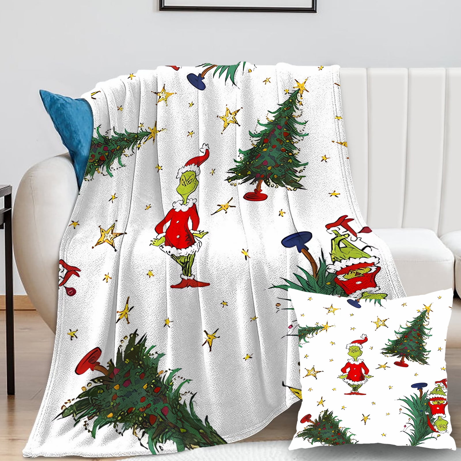 2Pcs/Set Grinch Blanket with Grinch Pillow Case Breathable Fleece