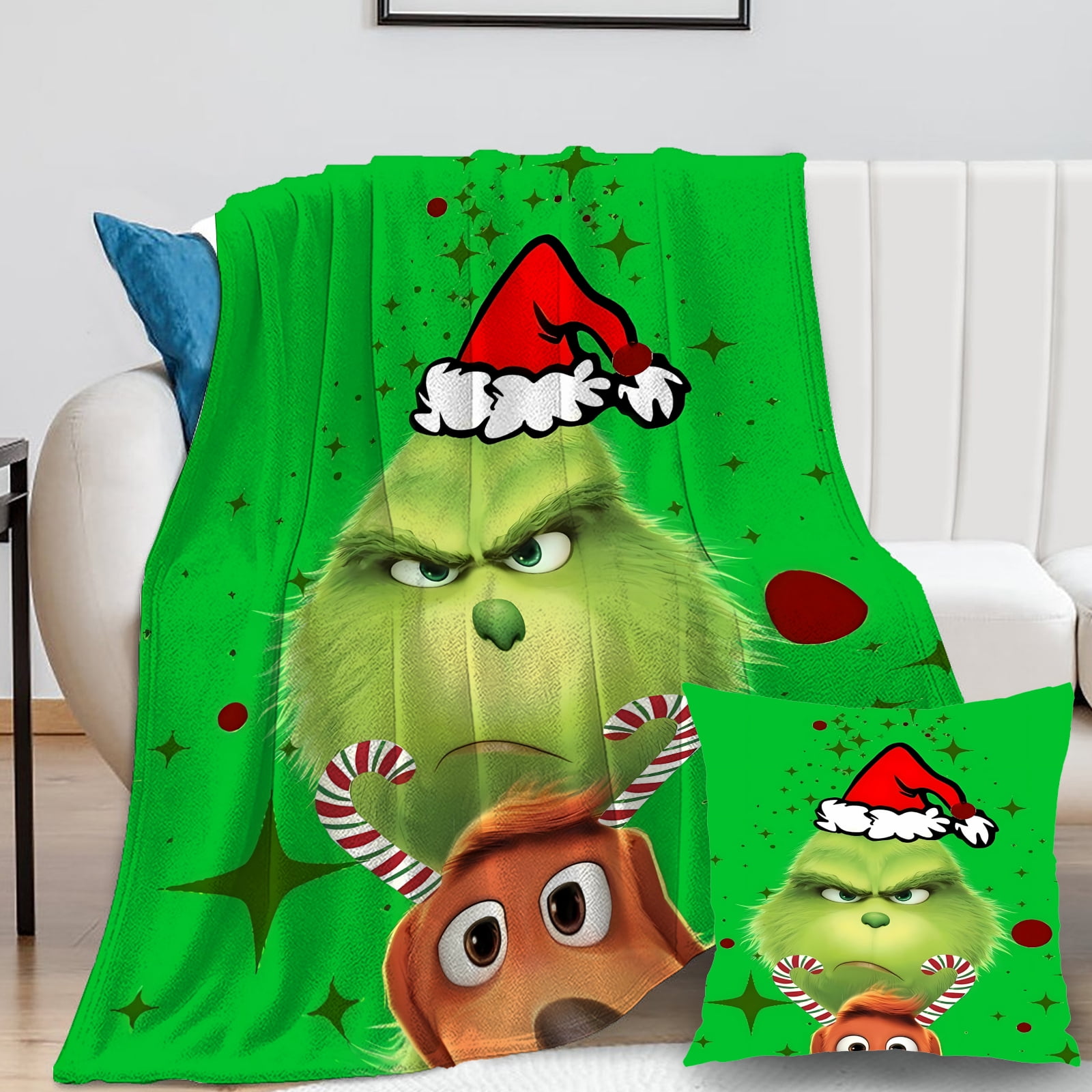 2Pcs/Set Grinch Blanket with Grinch Pillow Case Comfort Microfiber