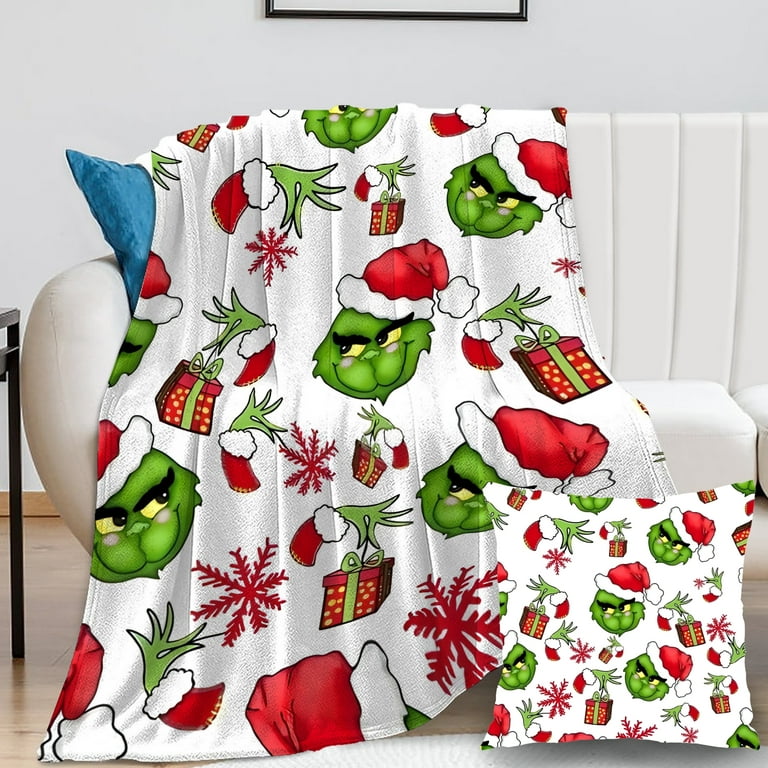 2Pcs Set Grinch Blanket with Grinch Pillow Case Cooling Fleece Boy Christmas blanket Merry Grinchmas Gift Walmart