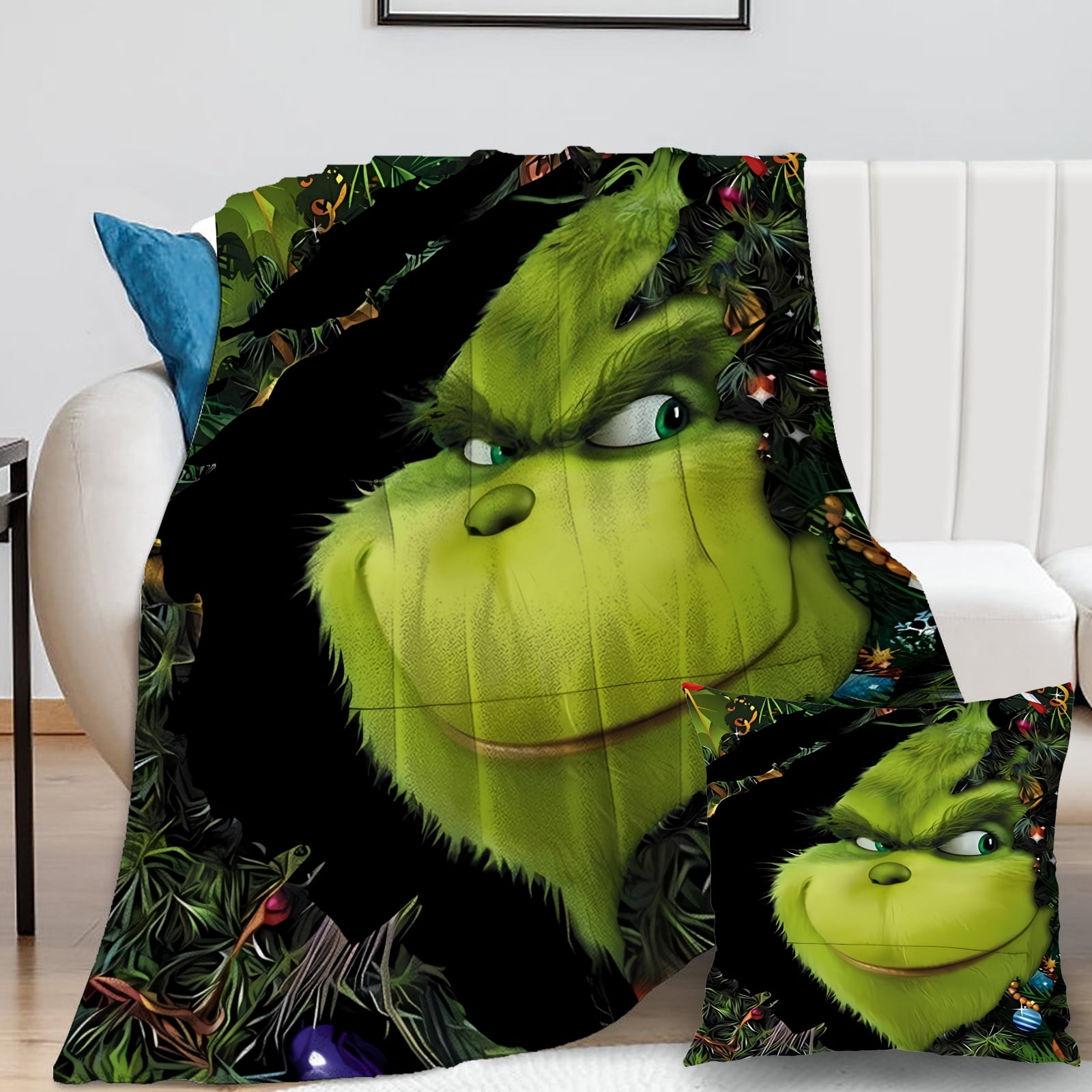 2Pcs/Set Grinch Blanket with Grinch Pillow Case Printed Fleece Teens