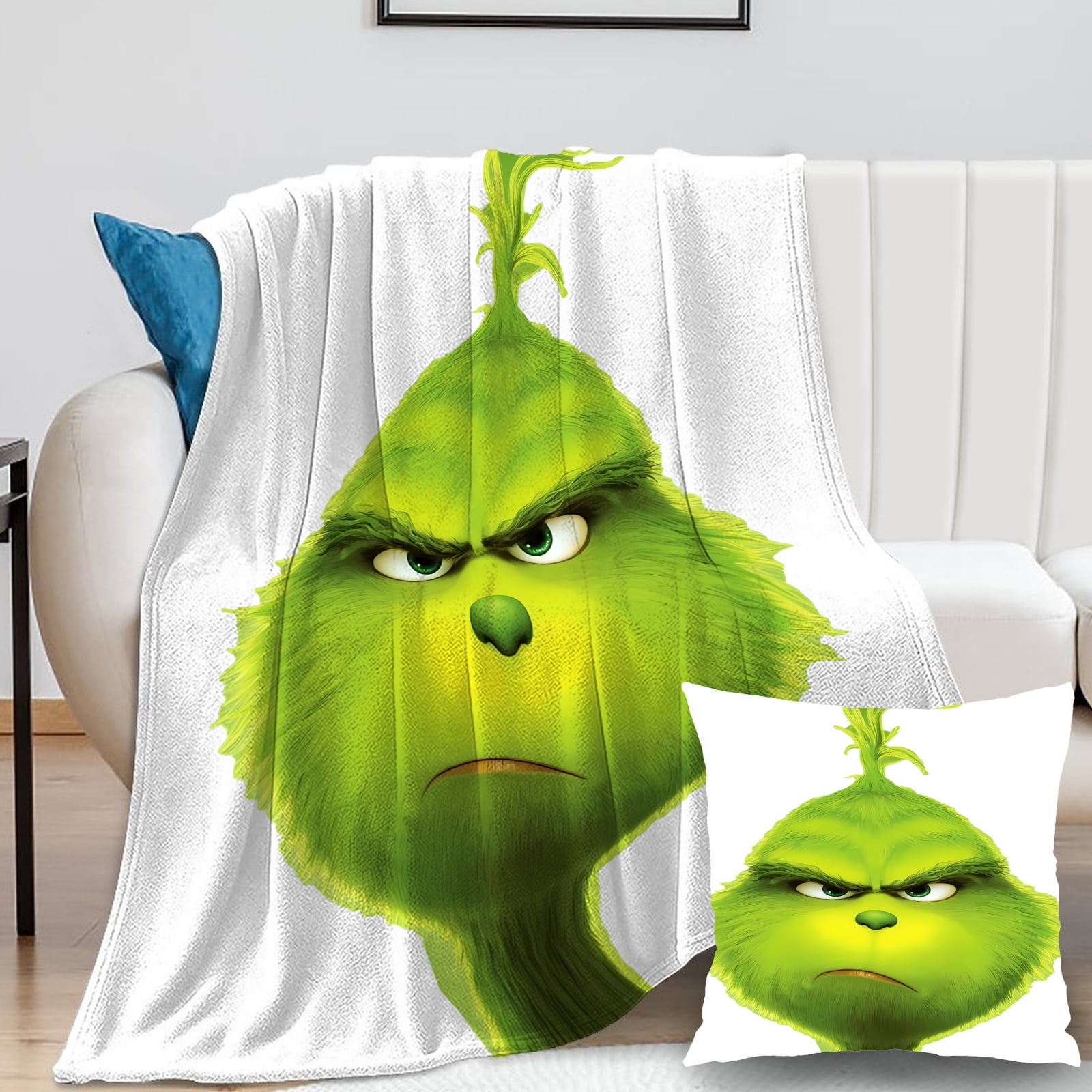 2Pcs/Set Grinch Blanket with Grinch Pillow Case Thermal Microfiber