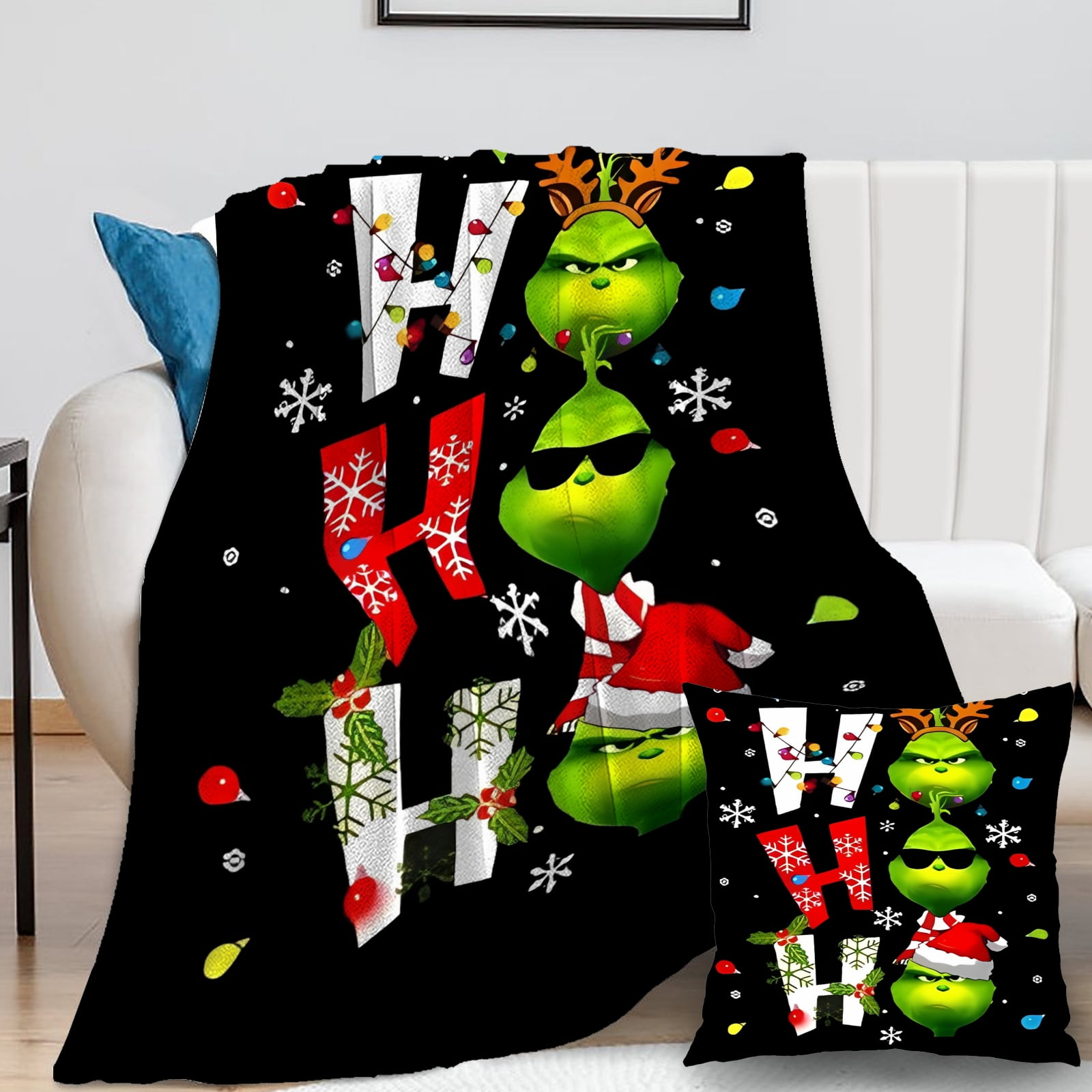 2Pcs/Set Grinch Blanket with Grinch Pillow Case Thermal Plush Kids