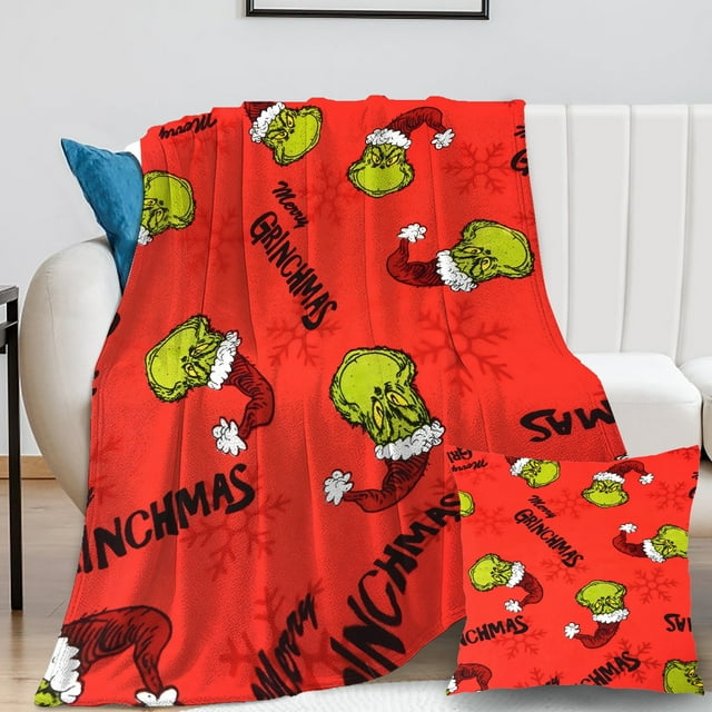 2Pcs/Set Grinch Blanket with Grinch Pillow Case Thin Plush Adult
