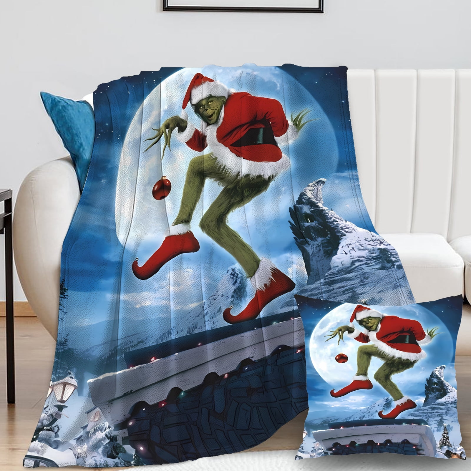 2Pcs/Set Grinch Blanket with Grinch Pillow Case Warm Plush Adult