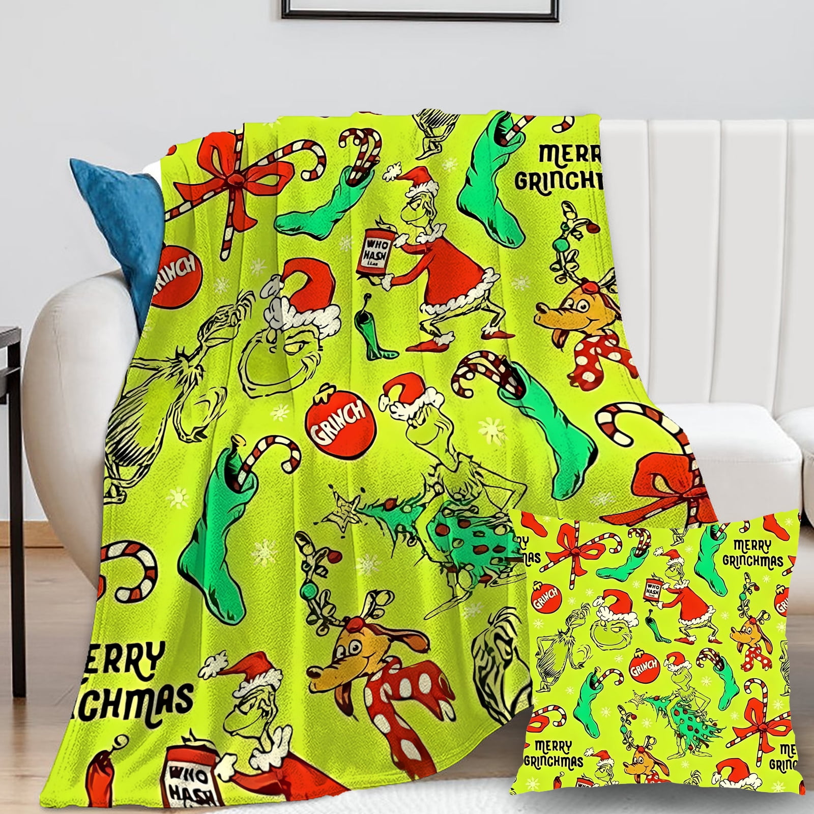 2Pcs/Set Grinch Blanket with Grinch Pillow Case Warmth Plush Sister