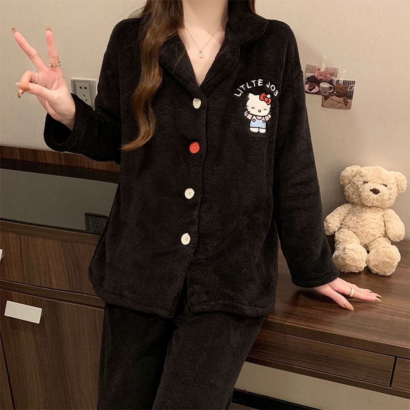 2Pcs Set Hello Kitty Pajamas Anime Thickened Flannel Embroidered 2pcs-set-hello-kitty-pajamas-anime-thickened-flannel-embroidered