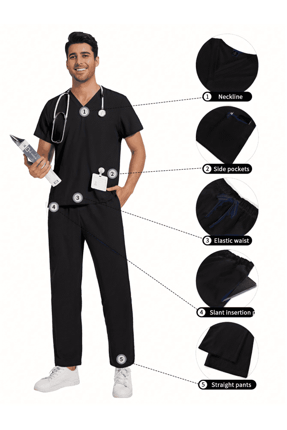 2Pcs Set High Quality Pet Grooming and Nursing Uniforms for Work Men's Scrubs Sets Uniform Work Set Male Scrubs Uniforms V-Neck Tops Fashion Scrubs Nursing Clothes Work Clothes