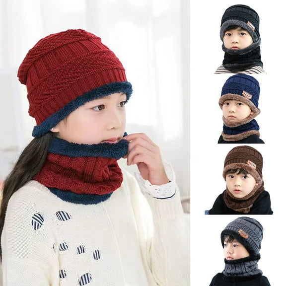 2Pcs/Set Kids Winter Knitted Hats and Scarf Set Warm Knit Beanie Hat Fleece Lining Circle Scarf for 5-14 Years Boys Girls