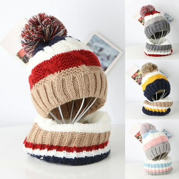 2Pcs/Set Knitted Baby Hat Scarf Set Winter Warm Boys Girls Beanie Fleece Lining Toddler Kids Hat with Pompom