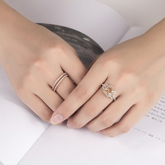 2Pcs/Set Ladies Rings Shiny Faux Crystal Rose Golden Alloy Ring Elegant Jewelry Accessories Fashion Micro-Inlaid Square Rhinestones Rings Engagement Gift