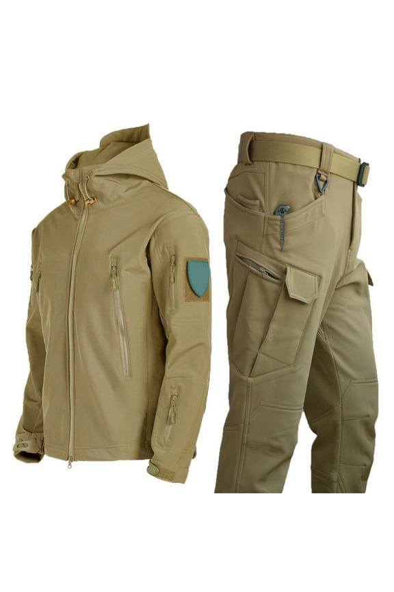 2Pcs/Set Men Thermal Jacket Pants Waterproof Fleece Lined Coldproof Outfit Winter Thicken Hooded Tracksuits Set for Hiking Hunting