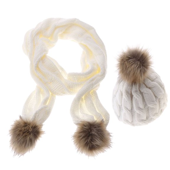 2Pcs/Set Neck Protection Thickened Warm Hat Scarf Plush Balls Ear Protection Knitted Beanies Scarf Fashion Accessories