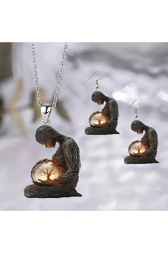 2Pcs/Set Necklace Earrings Set 2D Acrylic Figure Charm with Tree Winding Necklace Hook Earrings Set Mother Day Gift Jewelry Accessories