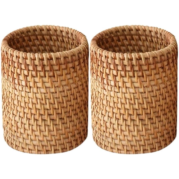Hsqqdc 2-Piece Rattan Pen Holder Set, Handwoven Natural Fiber Organizer for Desk Supplies and Makeup Brushes