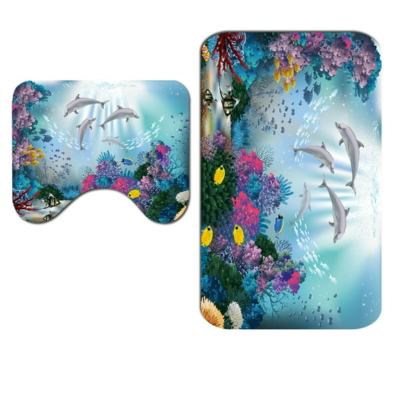 2Pcs/Set Soft Flannel Bathroom Rugs Non-Slip Backing Water Absorbent Dolphin Pattern Decor Bath Mats