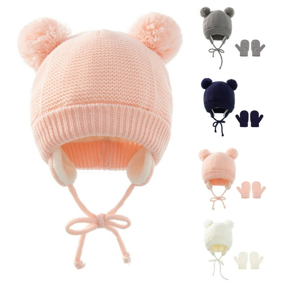 2Pcs/Set Unisex Baby Toddler Hat and Mitten Set Winter Knitted Thick Warm Beanie Cap Gloves for Infant Boys Girls
