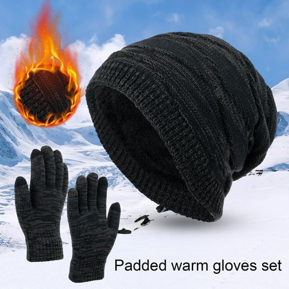 2Pcs/Set Winter Beanie Hat Touchscreen Gloves Set for Men and Women, Beanie Gloves Set with Warm Knit Fleece Lined