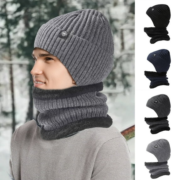 2Pcs/Set Winter Fleece Lining Knitting Beanie Hat Scarf Set Ear Protection Solid Color Thickened Warm Knitting Hat Neck Scarf Set