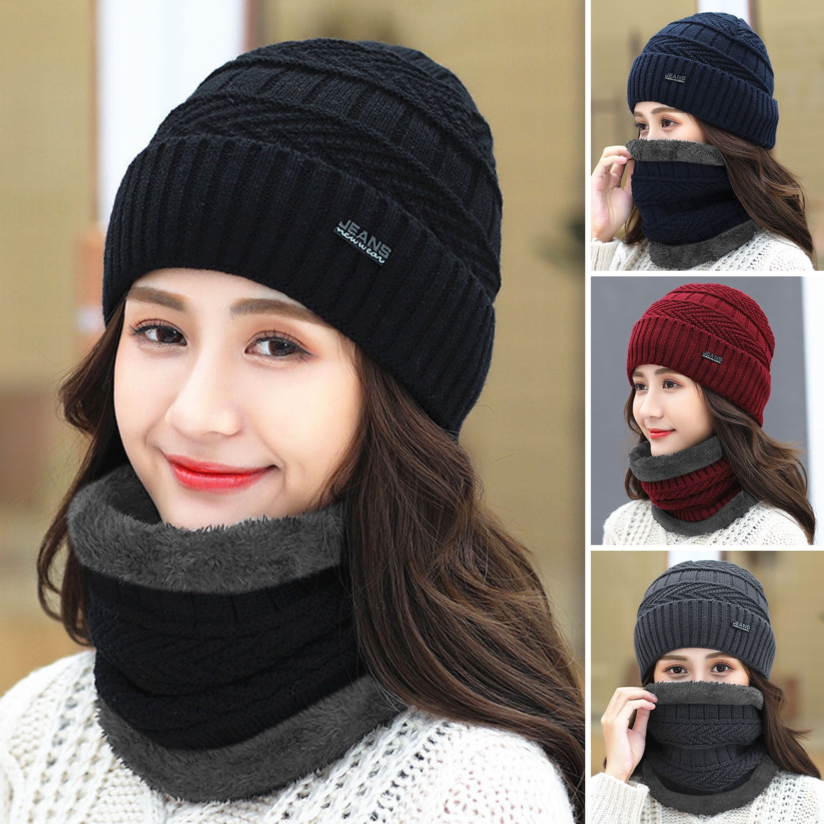 2Pcs/Set Women's Warm Winter Beanie Hat and Scarf Set