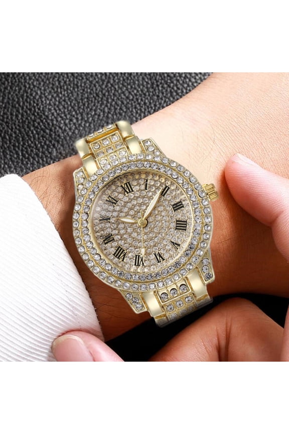 2Pcs/Set Women Quart Watch Shiny Rhinestones Circular Dial High Precision Movement Wristwatch with Bracelet