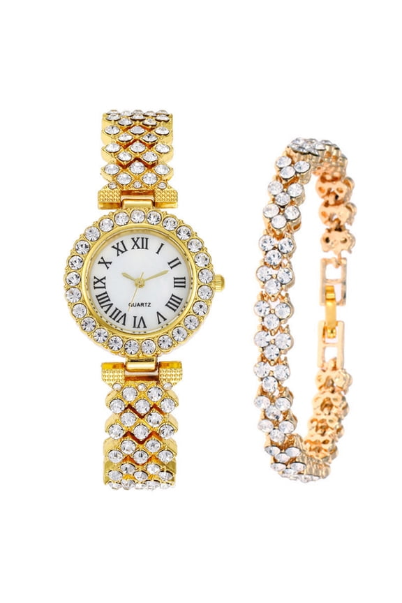 2Pcs/Set Women Watch Bracelet Kit Round Dial Shiny Rhinestones Inlaid Roman Numerals Pointer Display Accurate Decorative Gift Lady Quartz Wristwatch Bangle Jewelry Fashion Accessories