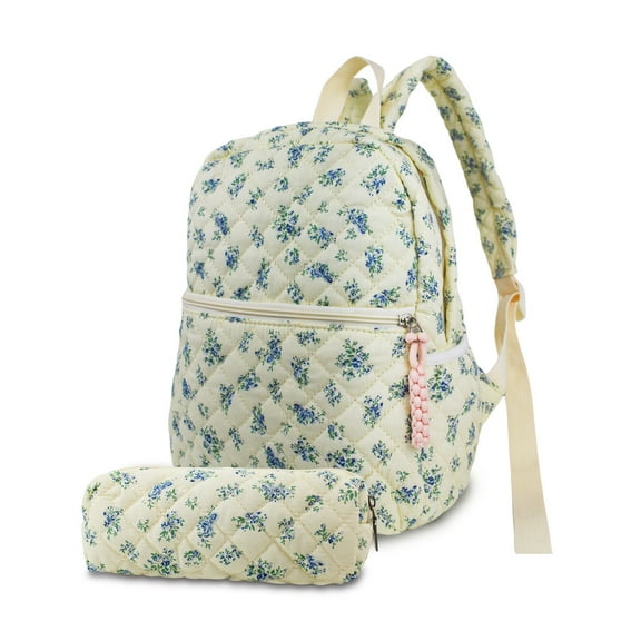 2Pcs/ Set Women's Small Floral Quilted Cotton Backpack Purse, Multi-Pocket Shoulder Handbags for Everyday Use, Travel