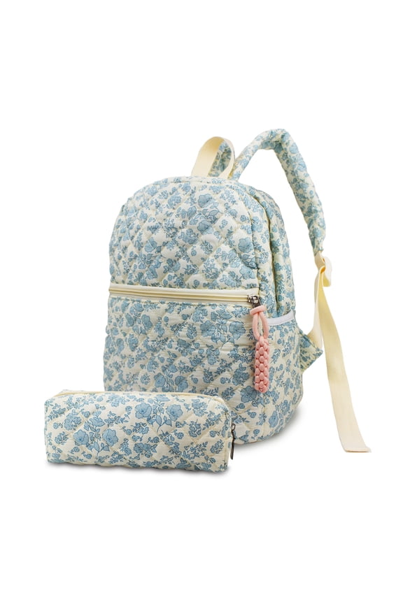 2Pcs/ Set Women's Small Floral Quilted Cotton Backpack Purse, Multi-Pocket Shoulder Handbags for Everyday Use, Travel
