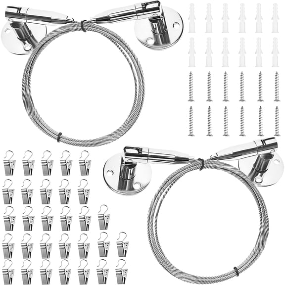 2Pcs Sets Wall Mount Stainless Steel Wire Hanging System, 6.6 ft/2 m Photo Display Cable, Adjustable Copper Chuck Holders with Swivel Buckle, 3.4 in Brackets for Art Gallery