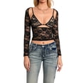 thumbnail image 1 of 2Pcs Sexy Floral Lace Crop Tops for Women See through Low Cut T-Shirts+Bra Set Going Out Streetwear, 1 of 6