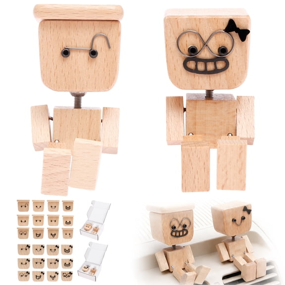 2Pcs Shaking Wooden Man Figurine Little Wooden Statue That Sways Car Dashboard Figurines with Spring Legs with Rich Expression Accessories Decorations Doll Gifts