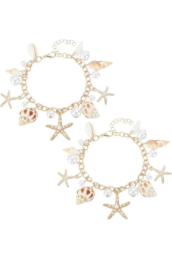 2Pcs Shell Bracelet Starfish Bracelet Ocean Life Bracelets Boho Summer Beach Bracelets Beach Jewelry with Pearl Alloy Golden for Women Summer Souvenirs Golden