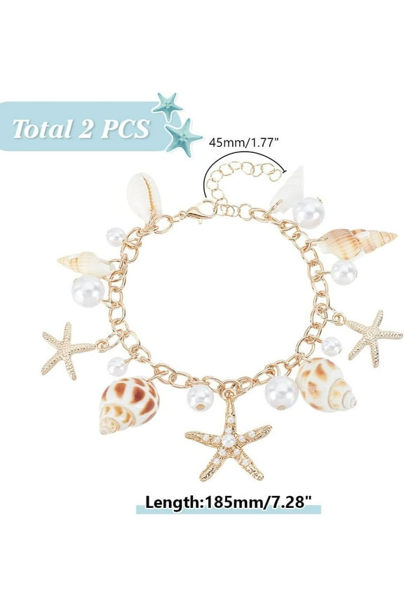 2Pcs Shell Bracelet Starfish Bracelet Ocean Life Bracelets Boho Summer Beach Bracelets Beach Jewelry with Pearl Alloy Golden for Women Summer Souvenirs