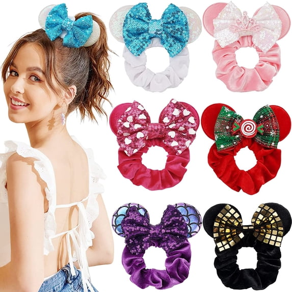 2Pcs Shiny Mouse Ears Headband an2Pcs Sequin Mouse Ears Velvet Scrunchies with Bow Hairs Accessories for Girls Women Adult Kids Birthday Party (Red and pink)