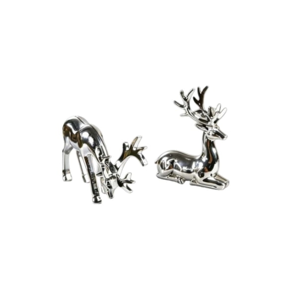 2Pcs Shiny Silver Christmas Reindeer Figurines, Electroplated Standing & Lying Deer Statue Set, Glossy Silver Elk Sculpture with Antlers for Tabletop, Mantel, Xmas Holiday Home Decor