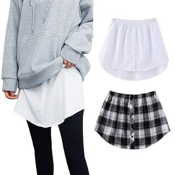 2Pcs Shirt Extender for Women Plus Size,Adjustable Layering Fake Top Lower Sweep Shirt Half Length Skirt,White+Black Plaid 2XL