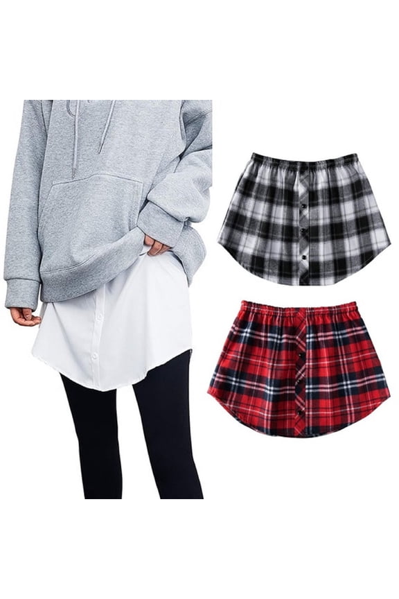 2Pcs Shirt Extender for Women Plus Size Adjustable Layering Fake Tops Lower Sweep Mini Skirt Hemline Fashion Wearing New,Black Plaid+Red Plaid M