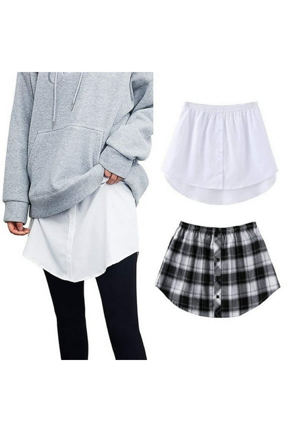 2Pcs Shirt Extender for Women Plus Size Adjustable Layering Fake Tops Lower Sweep Mini Skirt Hemline Fashion Wearing New,White+Black Plaid M