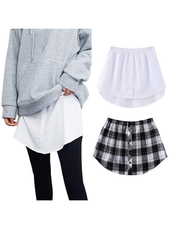 2Pcs Shirt Extender for Women Plus Size Adjustable Layering Fake Tops Lower Sweep Mini Skirt Hemline Fashion Wearing New,White+Black Plaid M