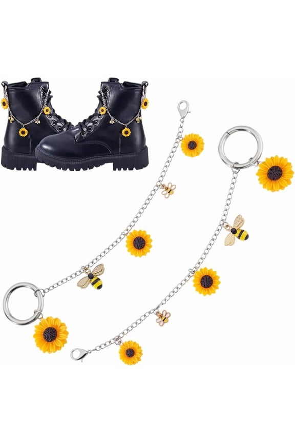 2Pcs Shoe Charm Chains Strap Chains with Metal Enamel Bees and Sunflower Pendants Shoe Decoration with Lobster Claw Clasps for Sneakers Casual Boots Decor 203mm