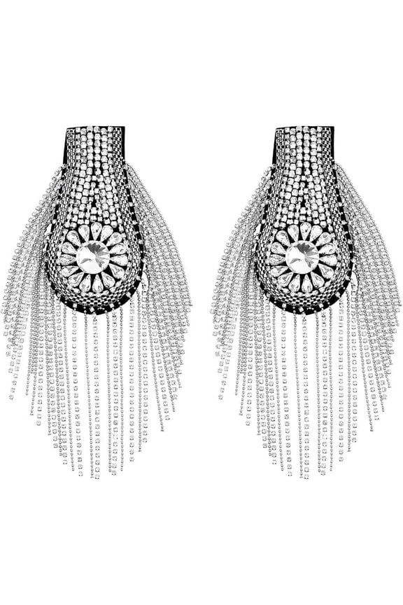2Pcs Shoulder Epaulets Tassel Platinum Rhinestones Fringe Shoulder Pads Fashion Punk Shoulder Badge Link Chain Shoulder Fixed by Pin for Jackets Cloth Uniform Accessories Silver DIY