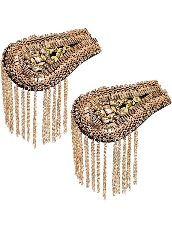 2Pcs Shoulder Tassel Epaulettes With Pin Sparkle Link Chain Teardrop Rhinestone Badge Vintage Glitter Fringe Lace Decorative Appliques Gold