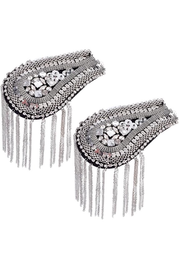 2Pcs Shoulder Tassel Epaulettes With Pin Sparkle Link Chain Teardrop Rhinestone Badge Vintage Glitter Fringe Lace Decorative Appliques Silver