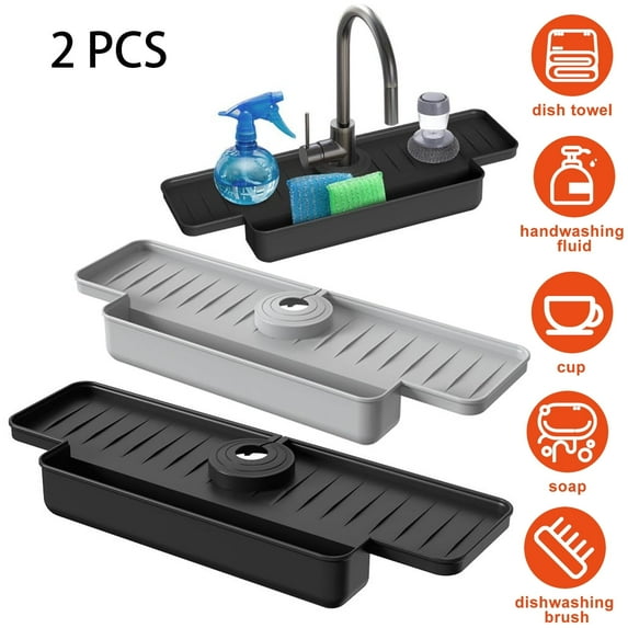 2Pcs Silicone Faucet Sink Splash Guard, Faucet Mat for Kitchen Sink with Storage Slot for Kitchen Bathroom, Drip Protector Splash Countertop